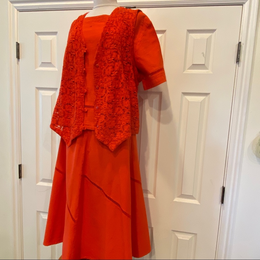 RENATA 3-piece Midi Skirt/ Top/Crochet Vest Elastic Waist RED Cotto Guatemala XL